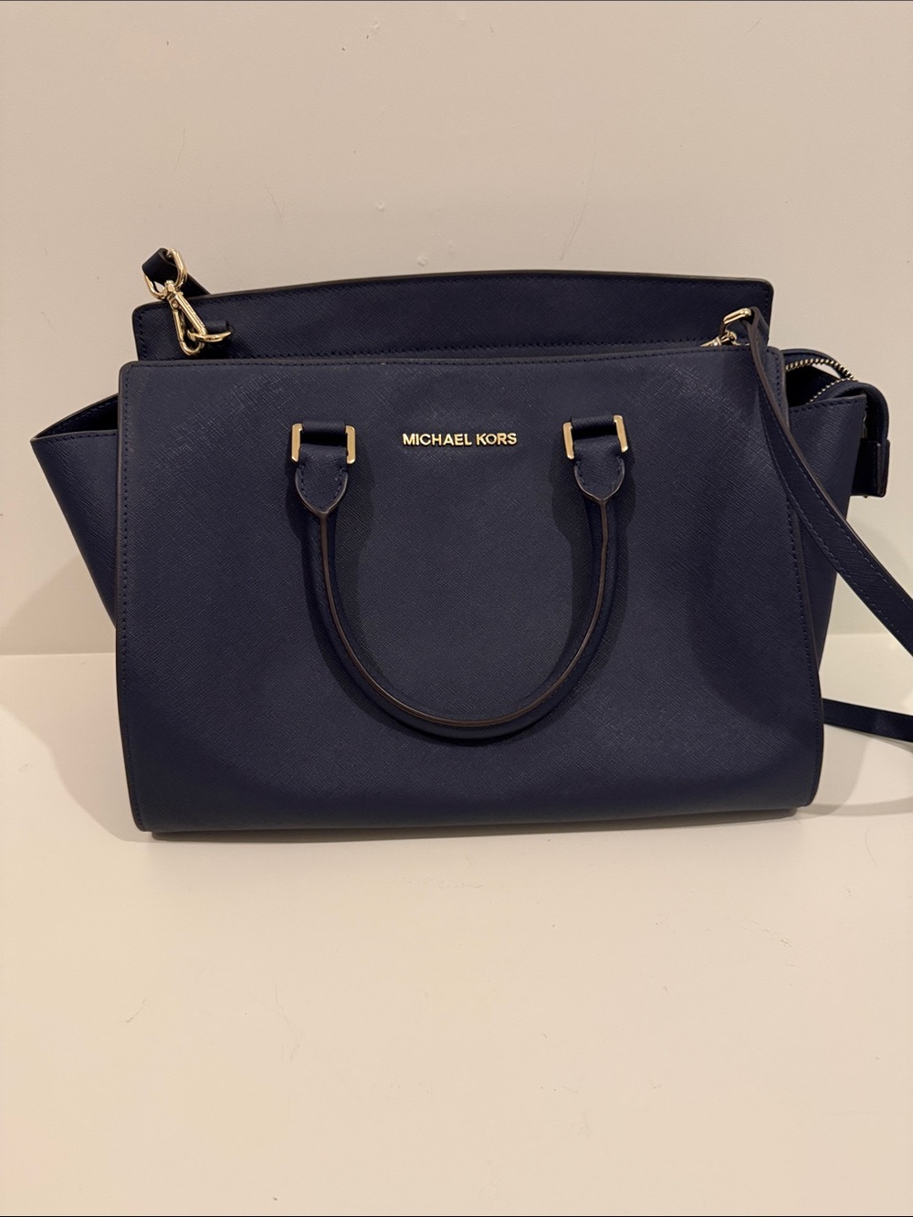 Michael Kors Navy Saffiano Leather Satchel with Gold Hardware